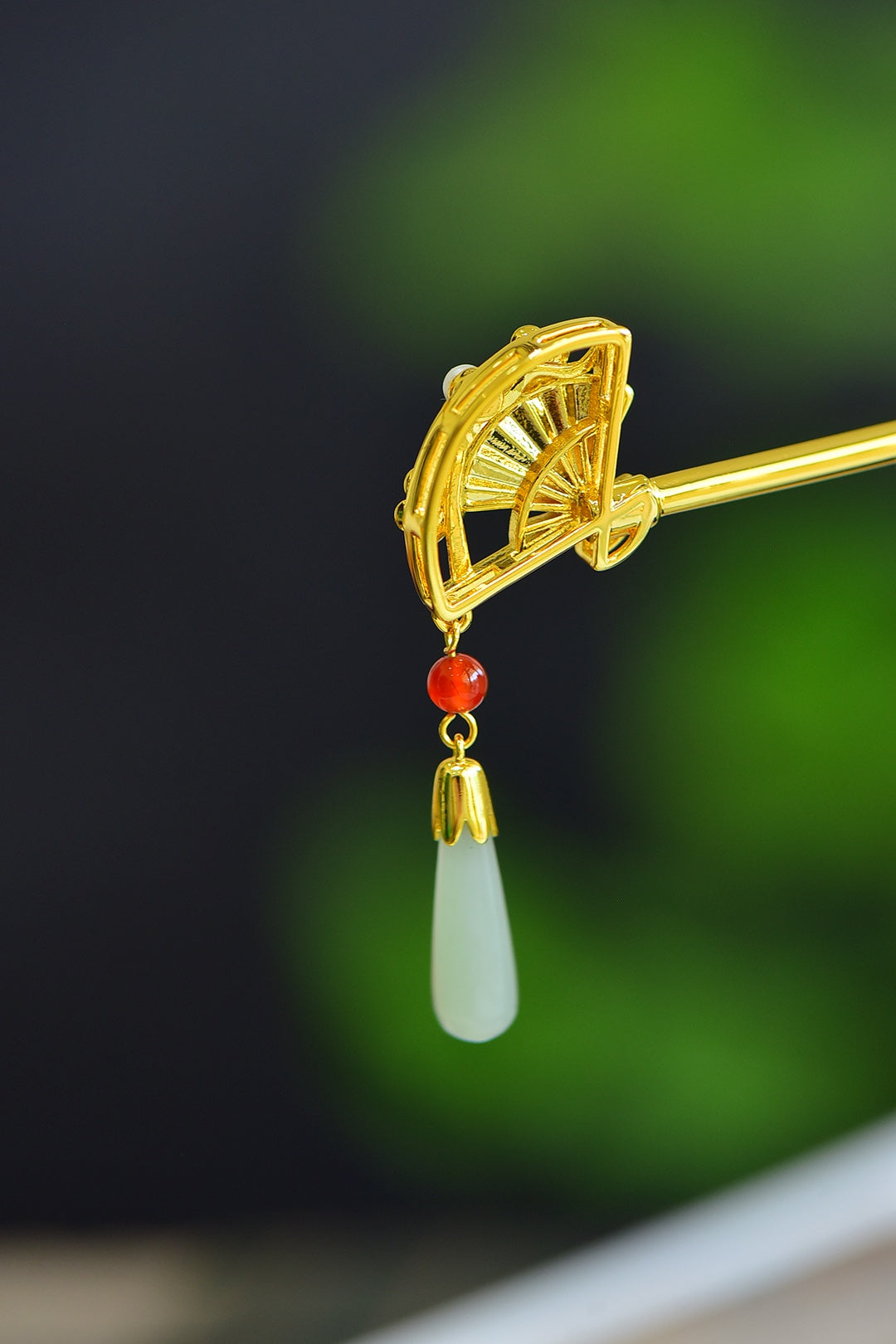 Nephrite Jade Inlaid Enamel Fan Hair Pin