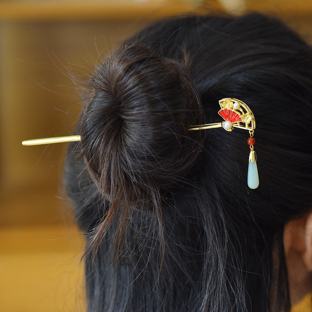 Nephrite Jade Inlaid Enamel Fan Hair Pin