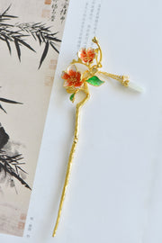 Nephrite Jade (Soft Jade) Inlaid Enamel Crabapple Blossom Hair Pin