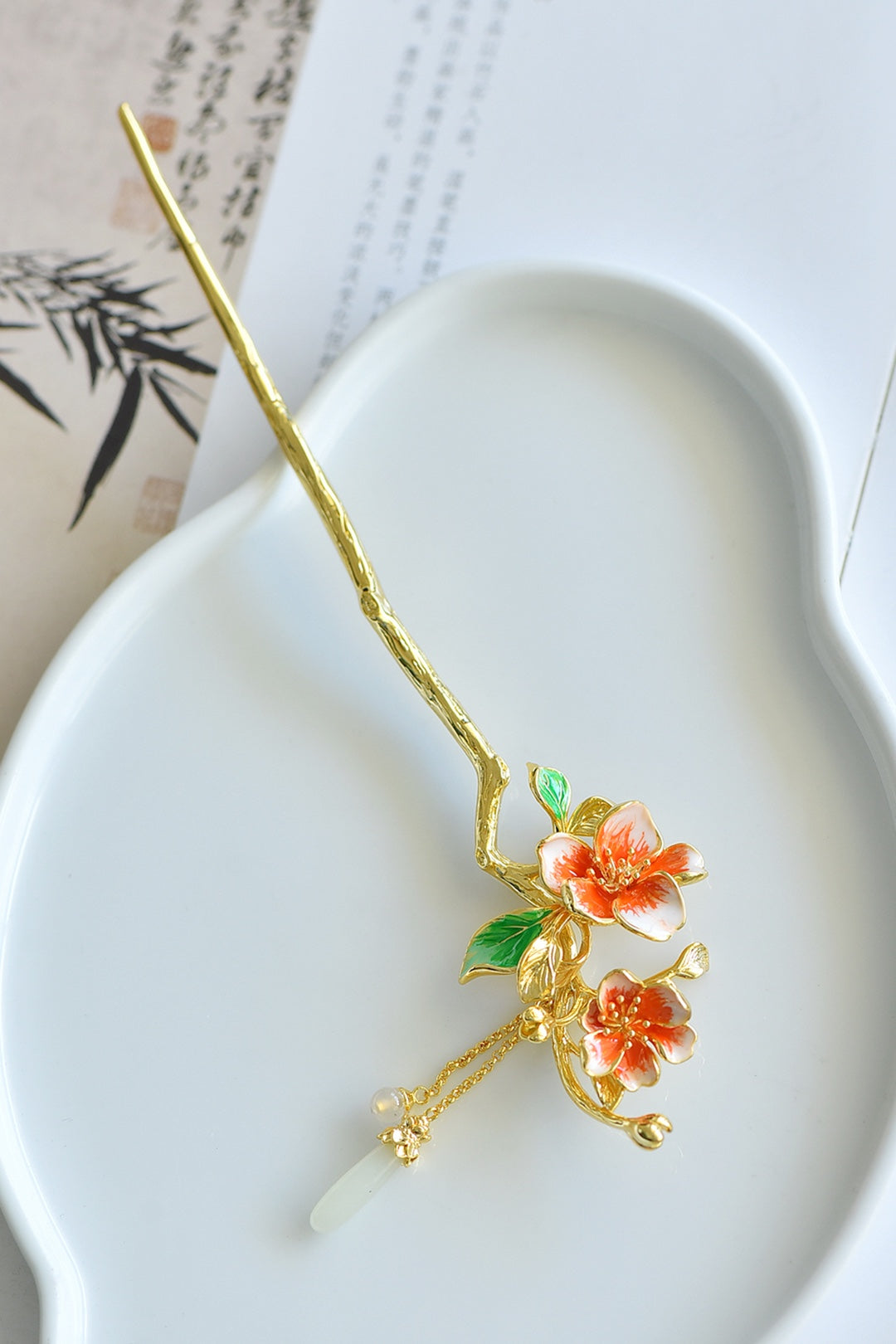 Nephrite Jade (Soft Jade) Inlaid Enamel Crabapple Blossom Hair Pin
