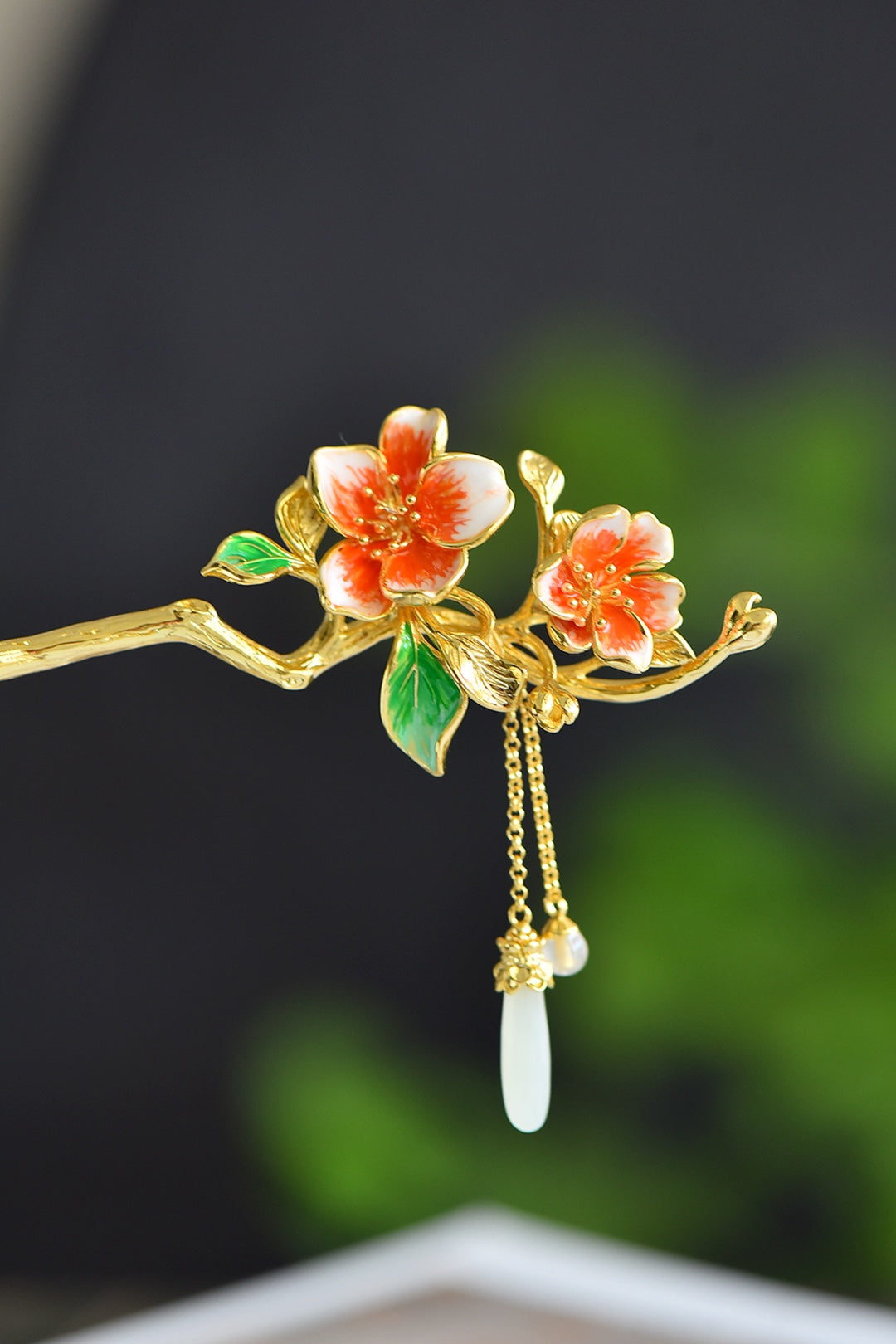 Nephrite Jade (Soft Jade) Inlaid Enamel Crabapple Blossom Hair Pin