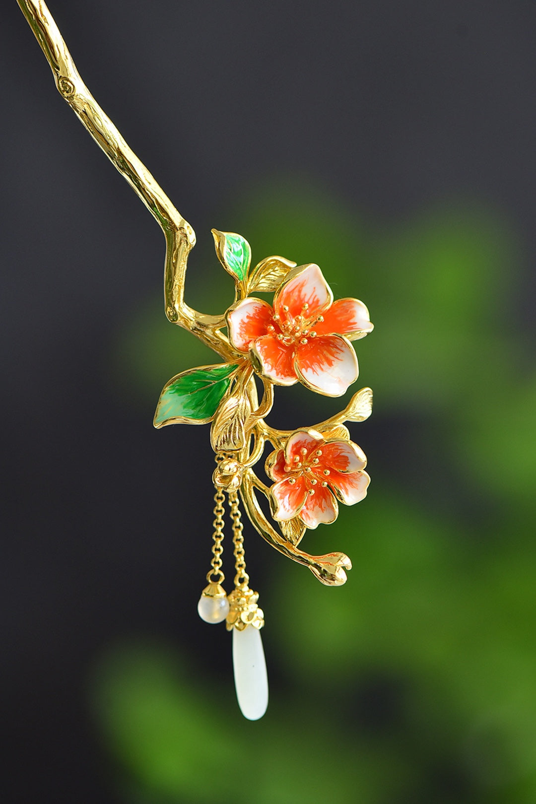 Nephrite Jade (Soft Jade) Inlaid Enamel Crabapple Blossom Hair Pin