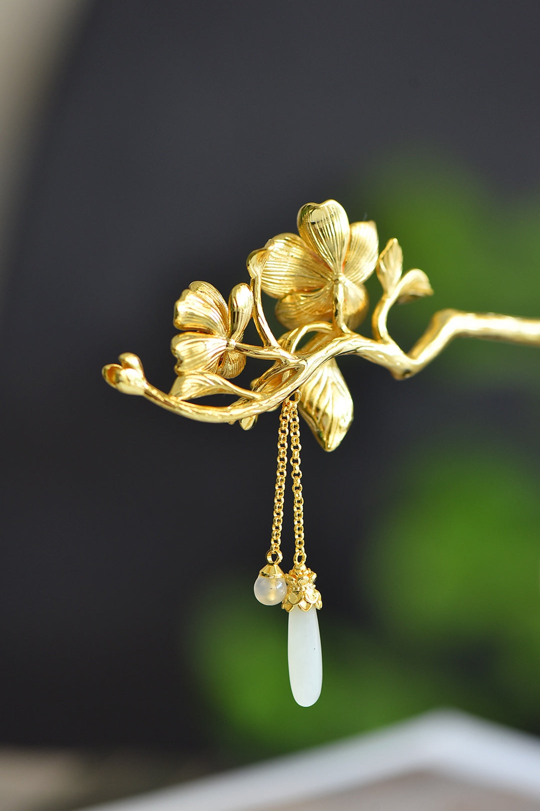 Nephrite Jade (Soft Jade) Inlaid Enamel Crabapple Blossom Hair Pin