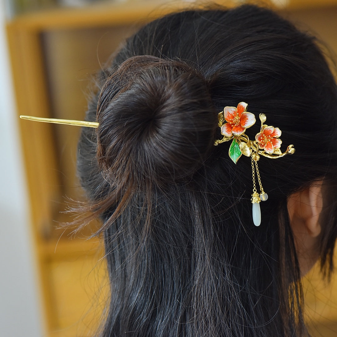 Nephrite Jade (Soft Jade) Inlaid Enamel Crabapple Blossom Hair Pin