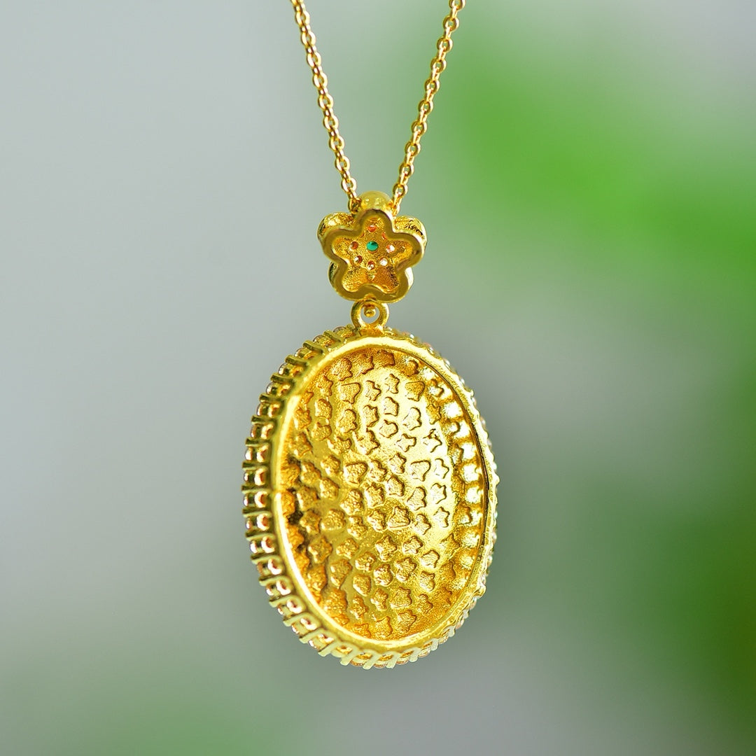 Green Chalcedony (Chalcedony) Inlaid Round Flat Peace Plaque Pendant