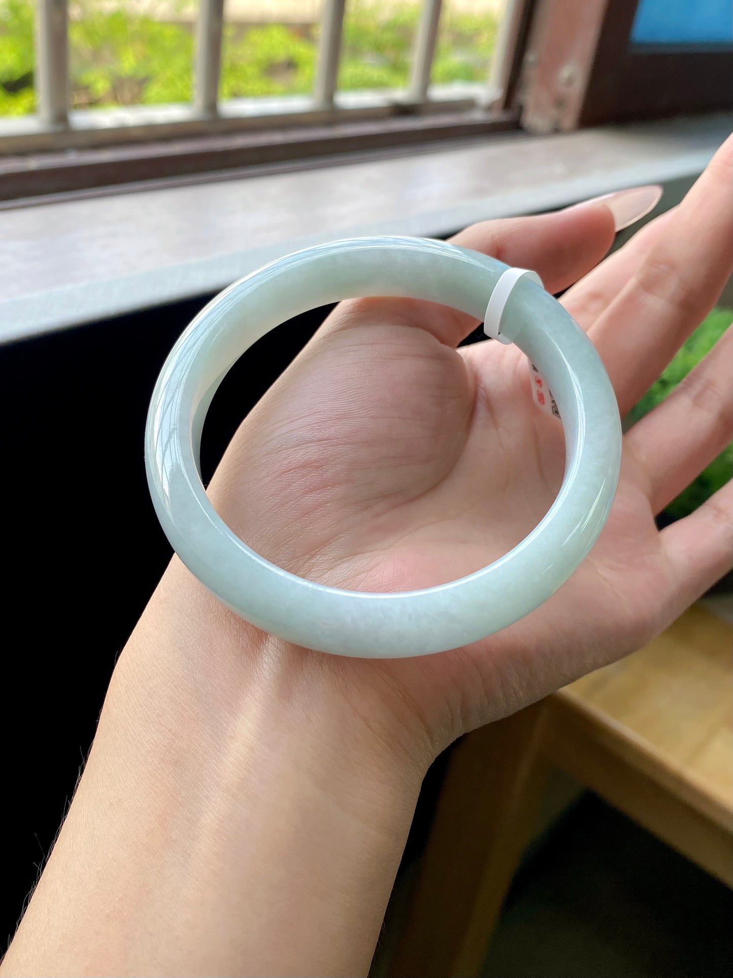 Large-Circumference Light Fruit Green & Moonlight White Finished Round Bangle