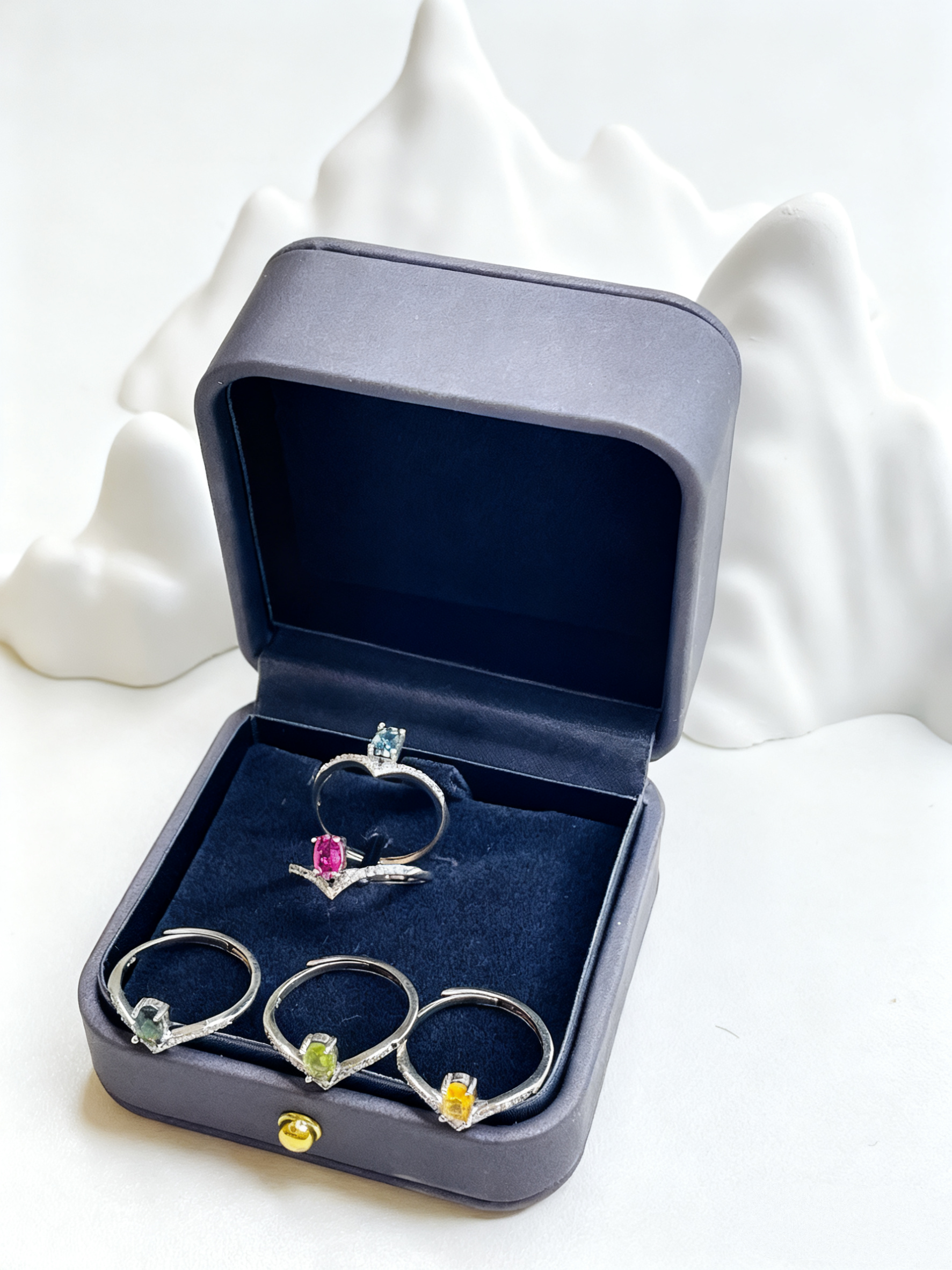 Silver Inlaid Princess Cut Colored Gemstone Ring