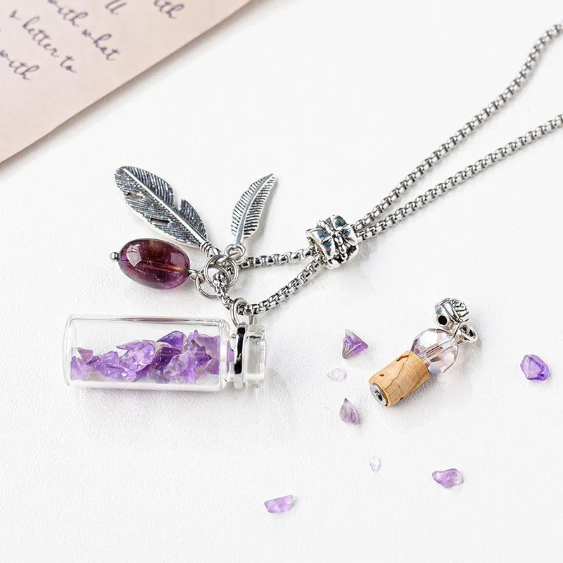 Natural Crystal Chips Wishing Bottle Pendant Necklace