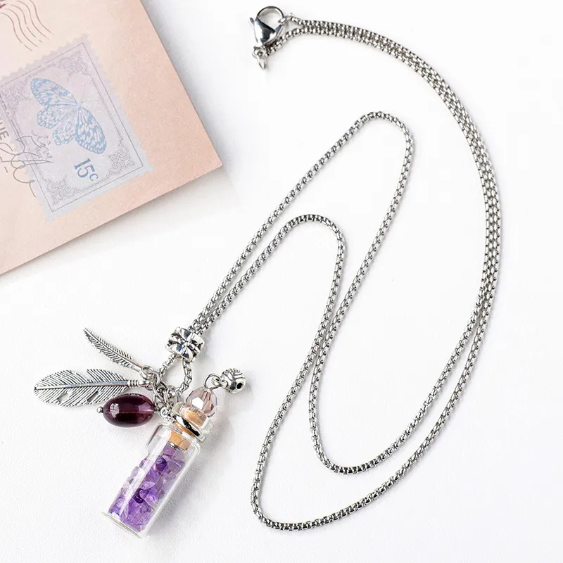 Natural Crystal Chips Wishing Bottle Pendant Necklace