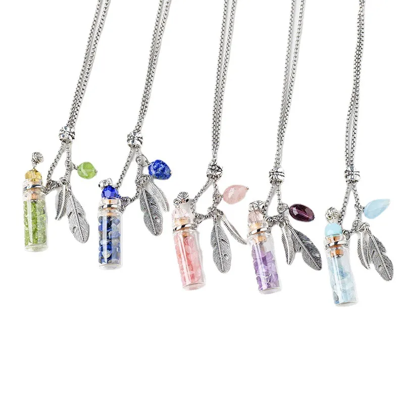 Natural Crystal Chips Wishing Bottle Pendant Necklace