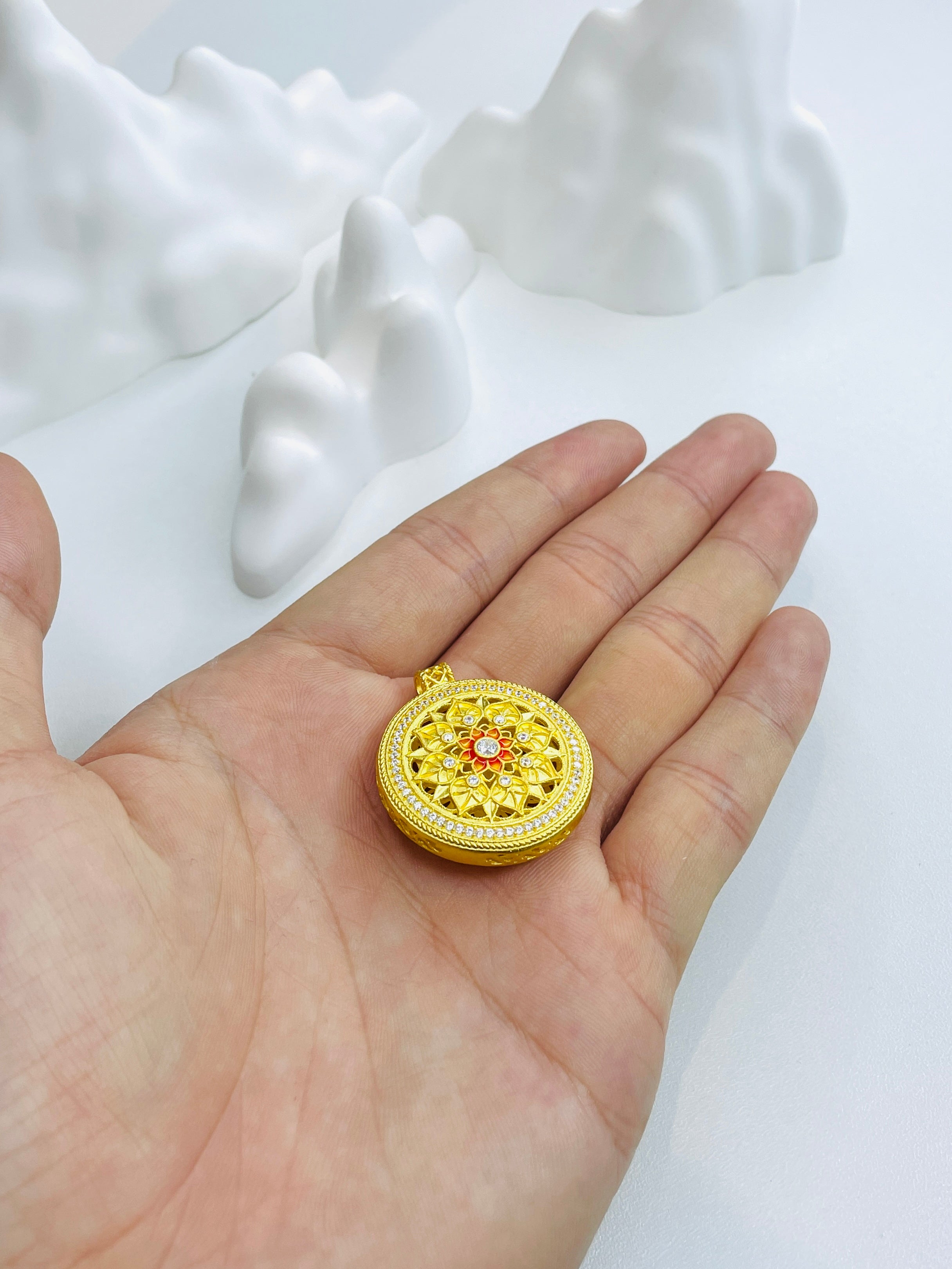 Orange Lotus Hollow-out Gold Pendant