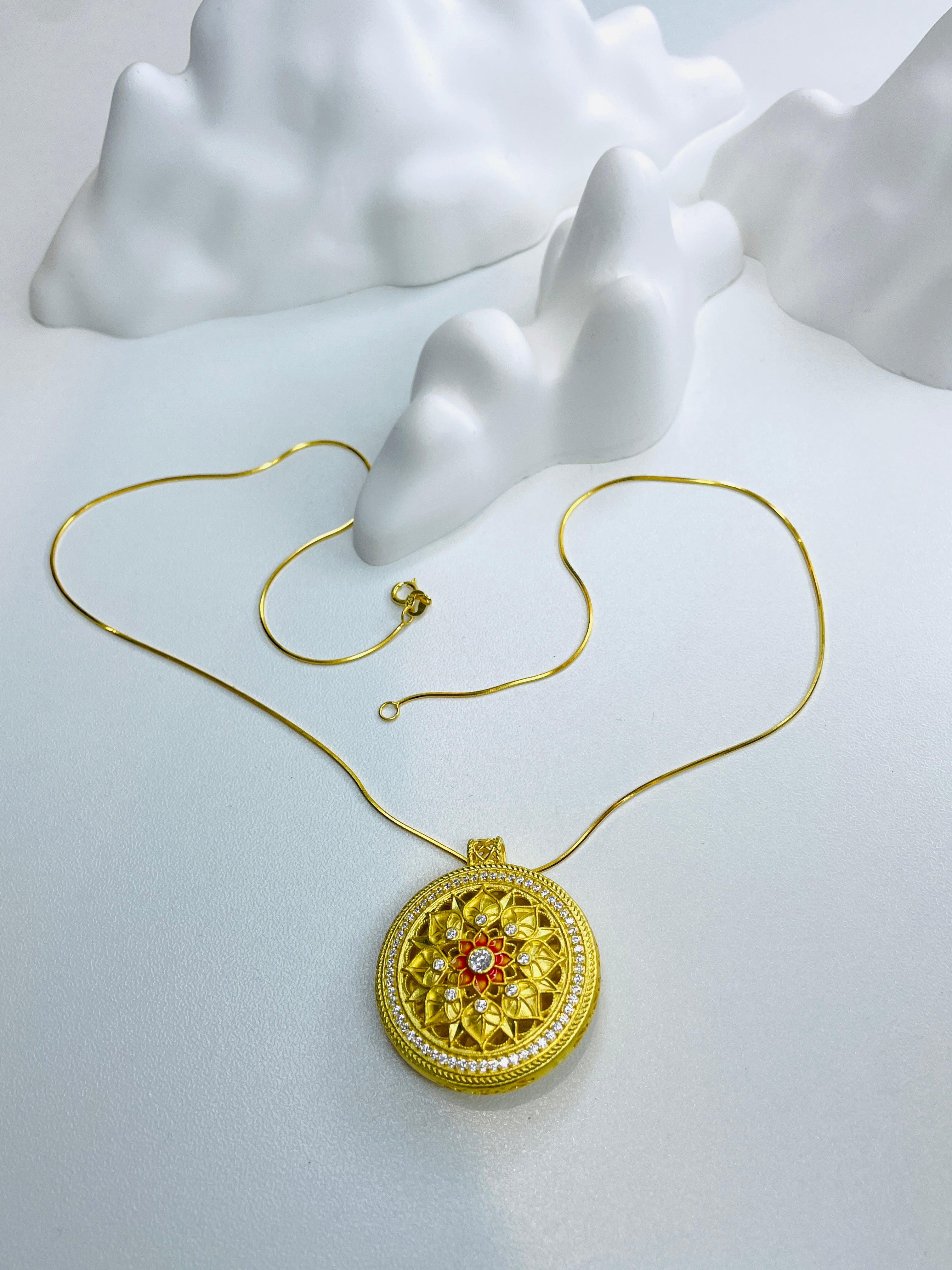 Orange Lotus Hollow-out Gold Pendant