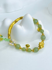 Green Jade & Gold Half-Bangle Bracelet with Floral and Butterfly Accents