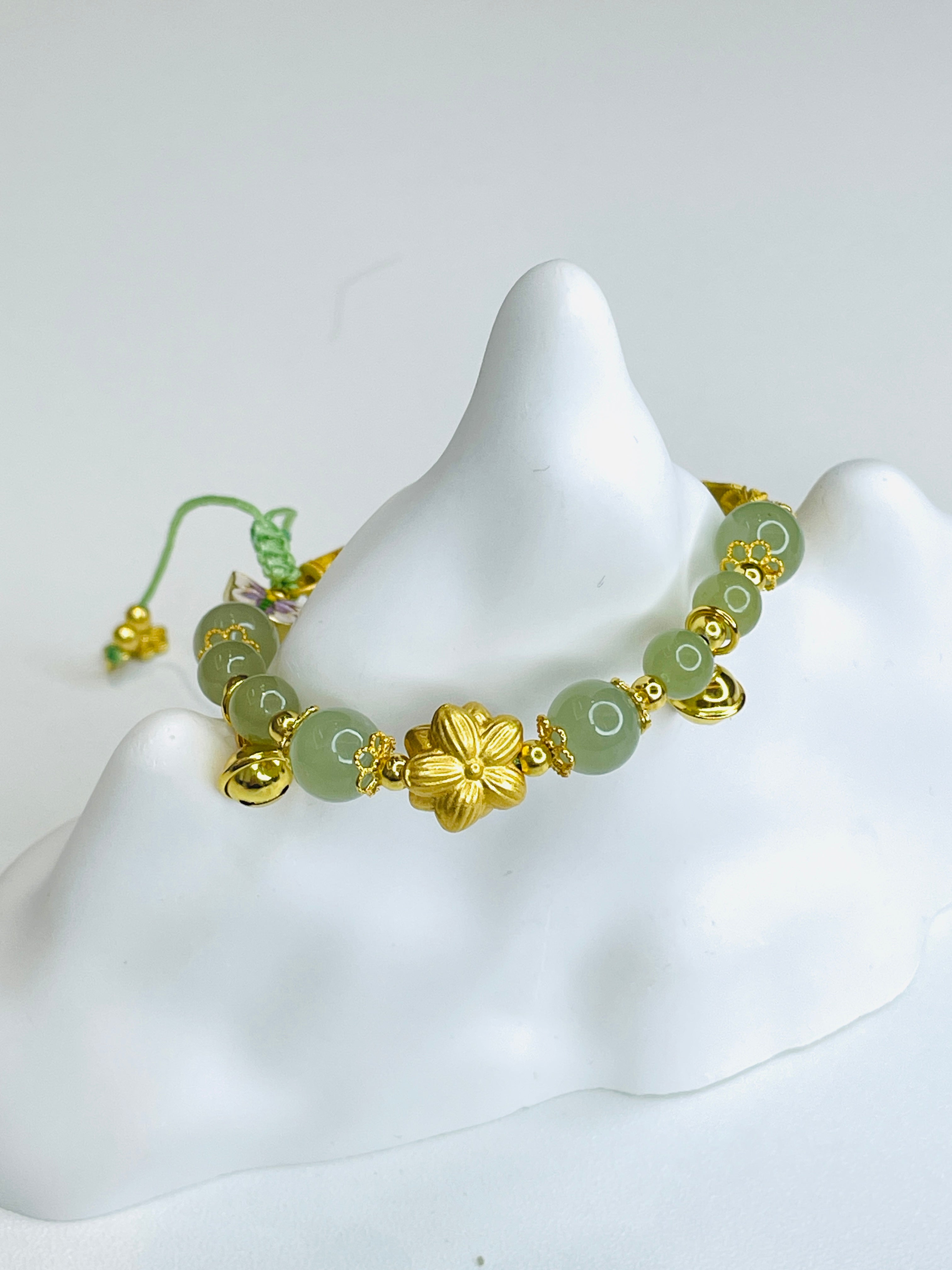 Green Jade & Gold Half-Bangle Bracelet with Floral and Butterfly Accents