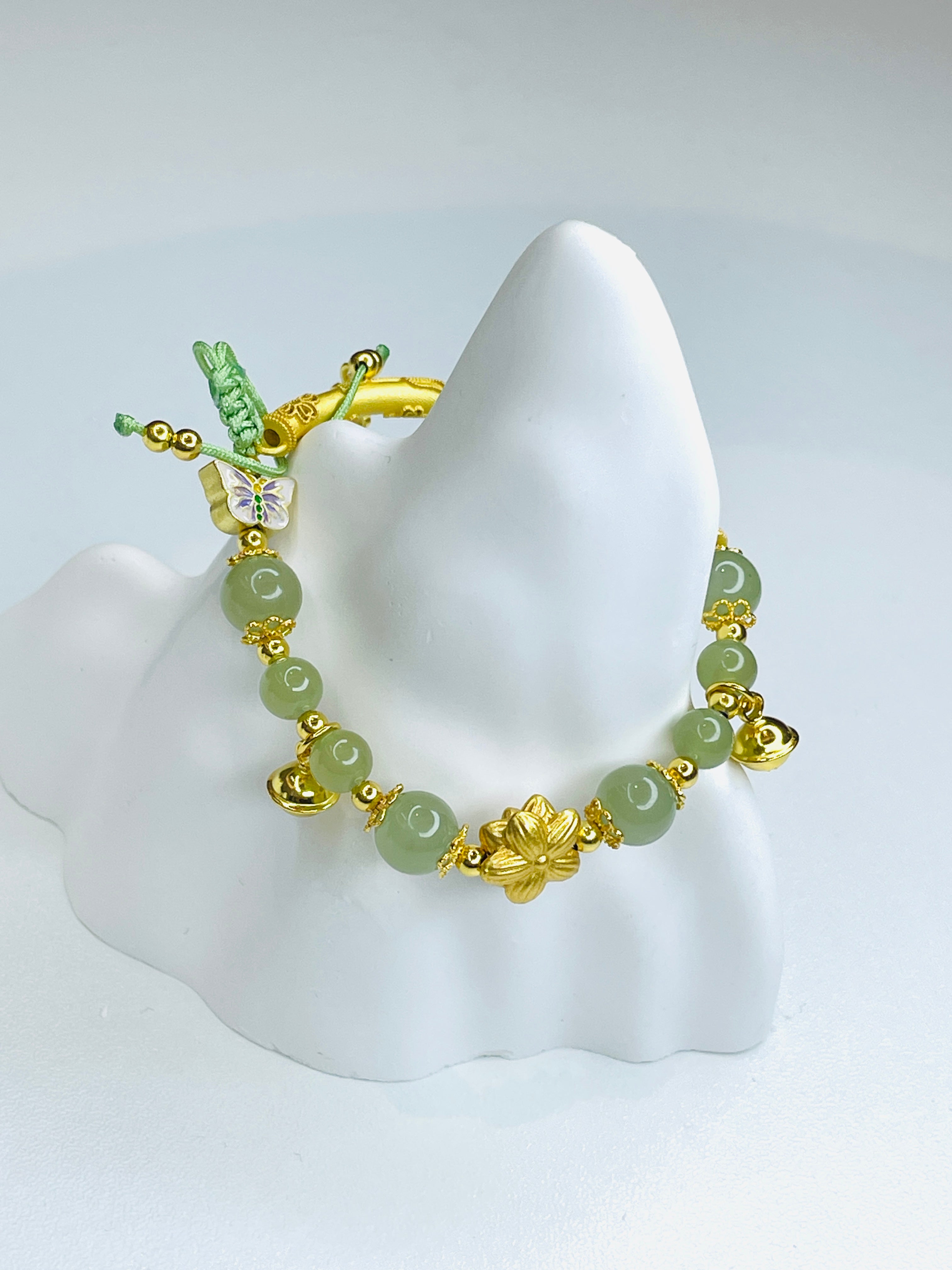 Green Jade & Gold Half-Bangle Bracelet with Floral and Butterfly Accents