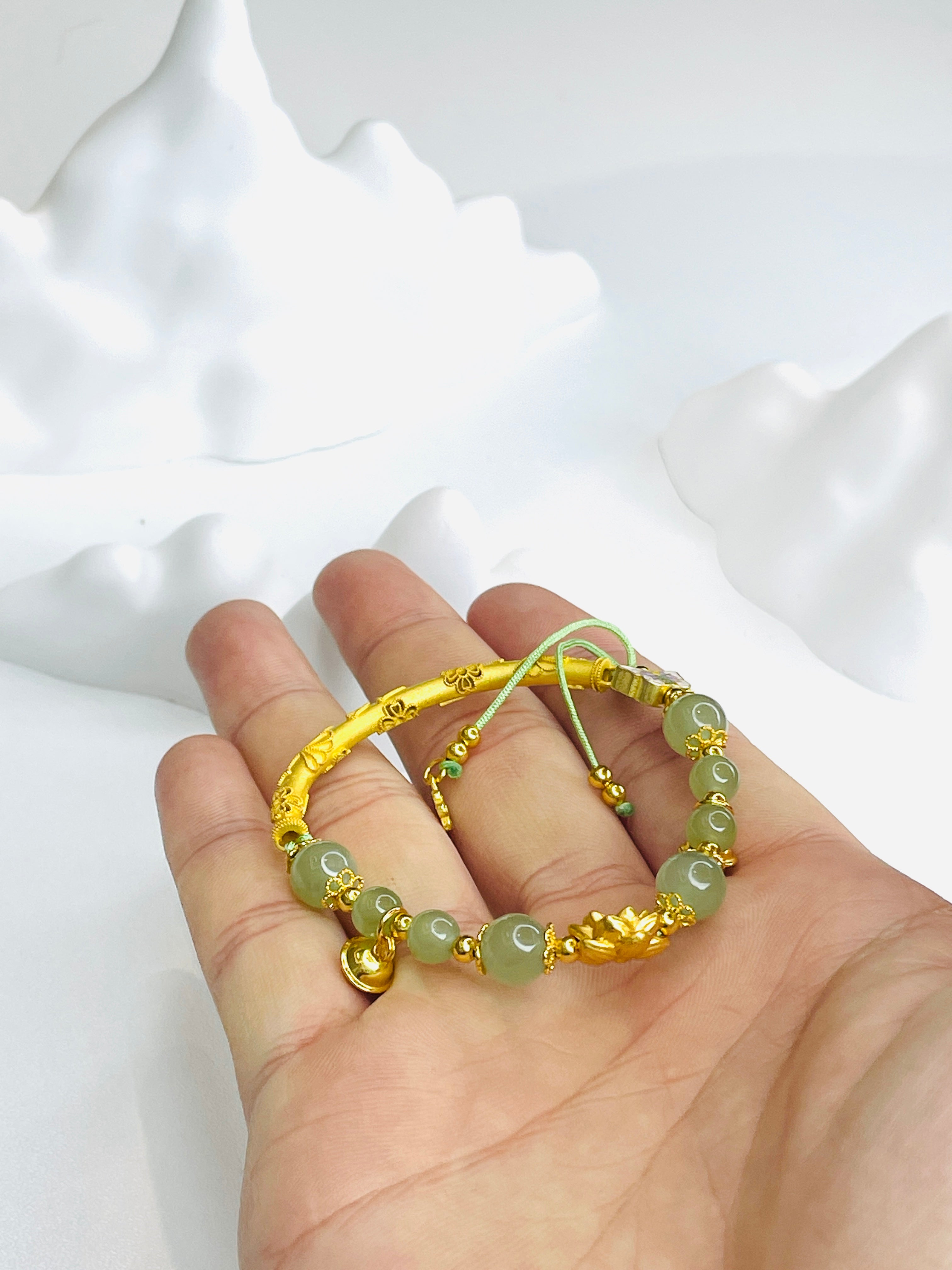 Green Jade & Gold Half-Bangle Bracelet with Floral and Butterfly Accents