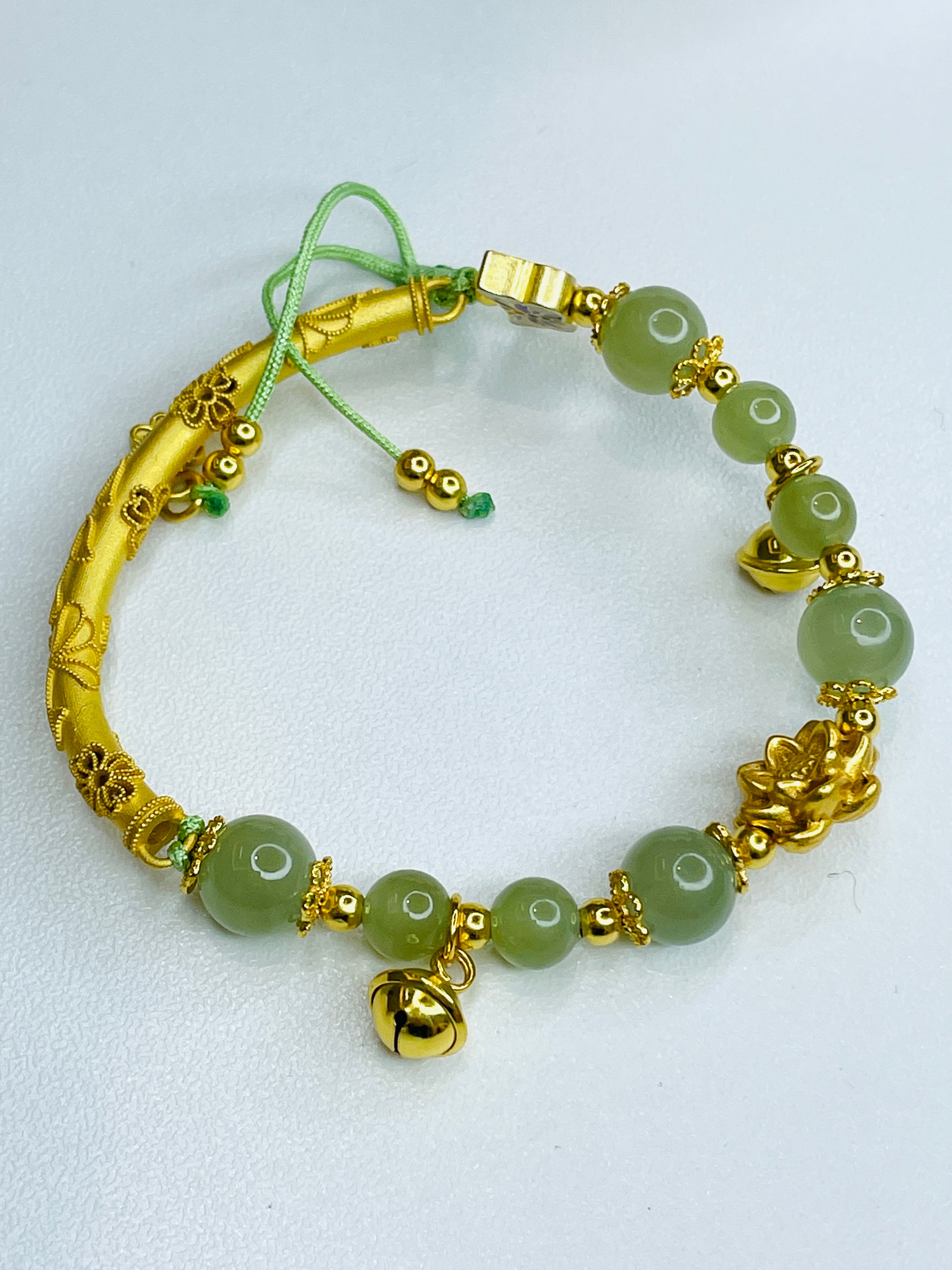 Green Jade & Gold Half-Bangle Bracelet with Floral and Butterfly Accents