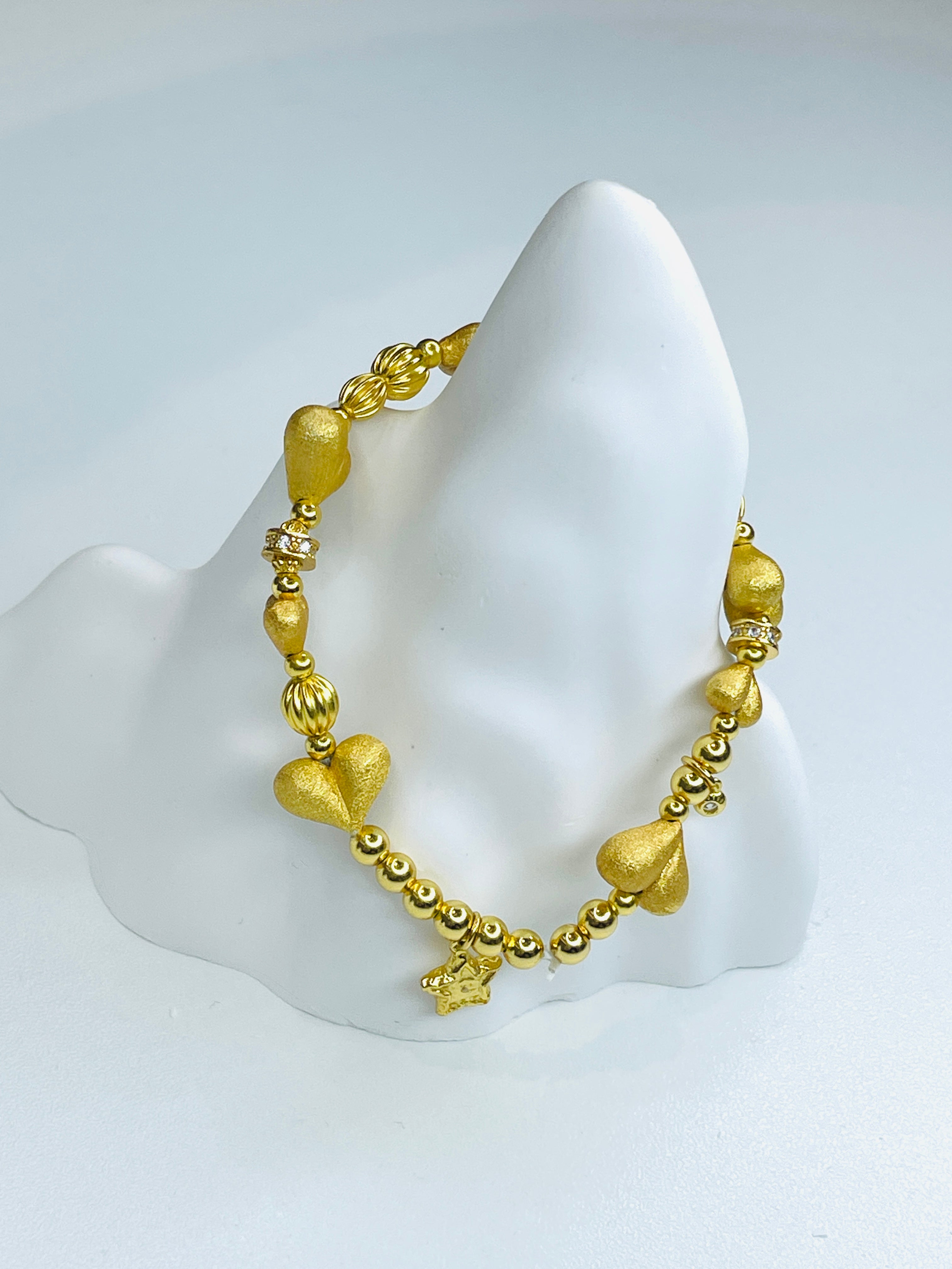 Gold Peach-Heart Beaded Bracelet with Star Charm