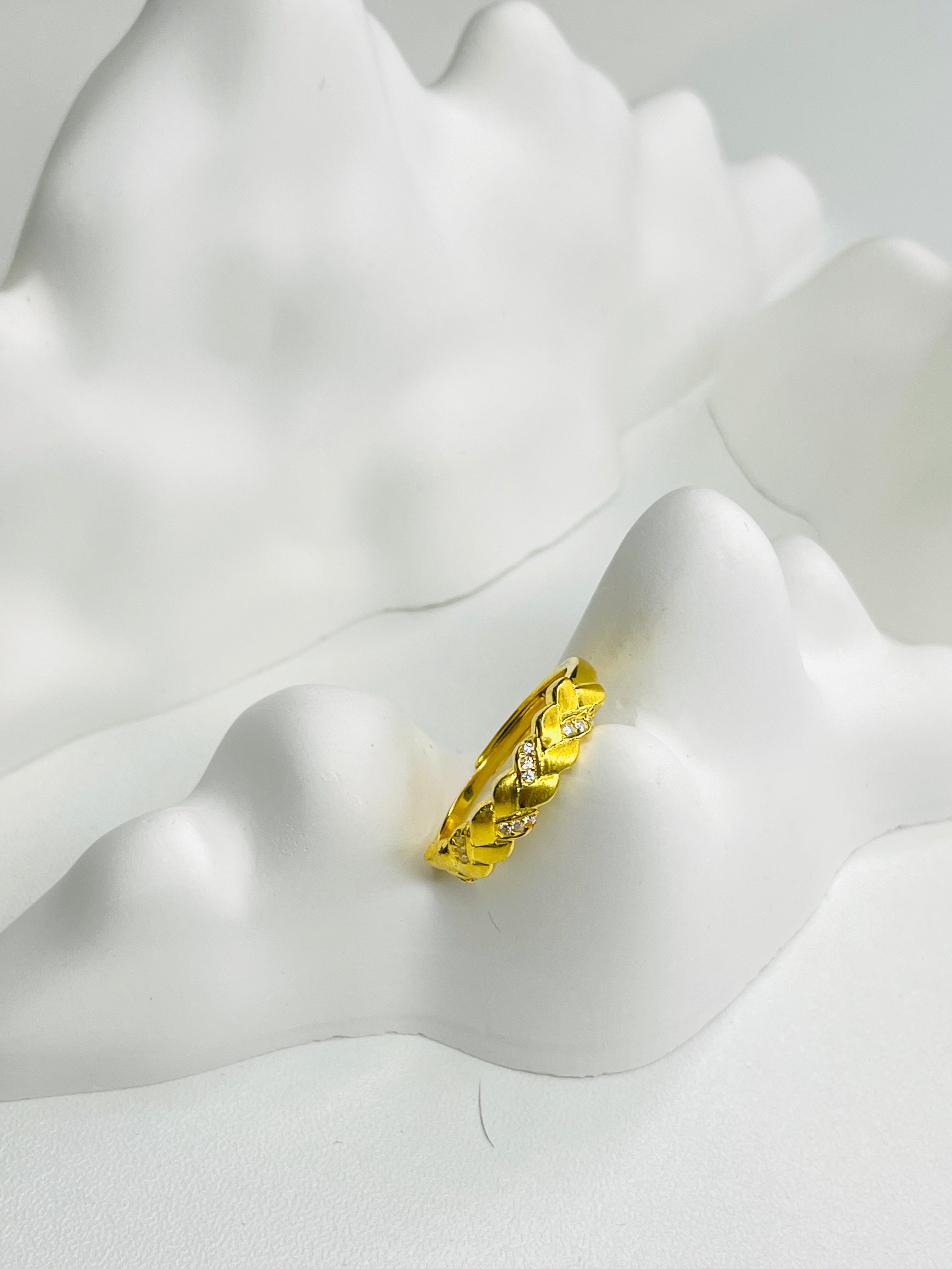 Gold Woven Diamond-Embedded Adjustable Open-Ring