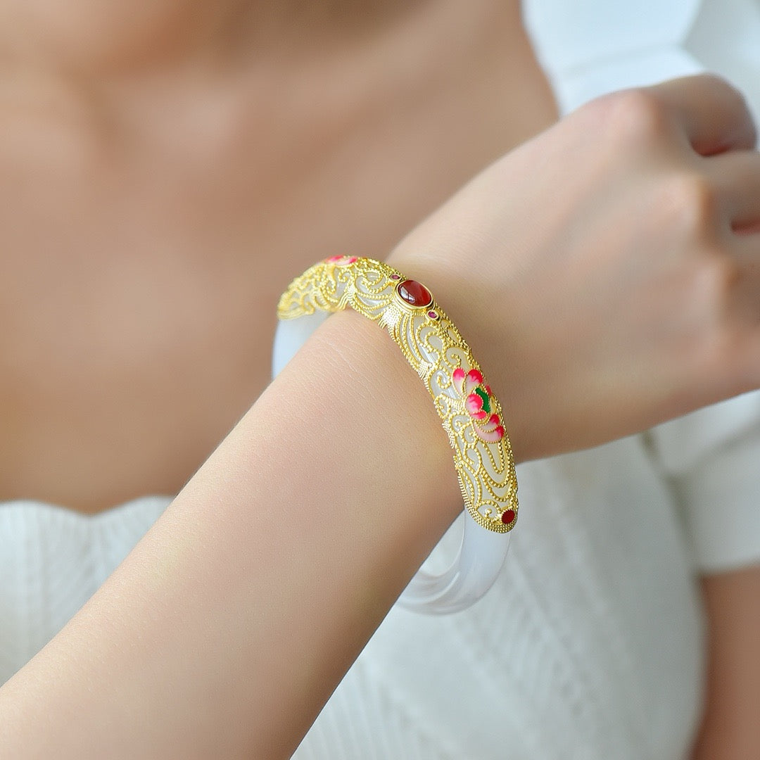 Gold and White Hetian Jade Bangle