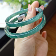 Natural Type-A Ice Blue Jadeite Bangle – Fine Glutinous Texture, High Transparency, Square Dangle Style