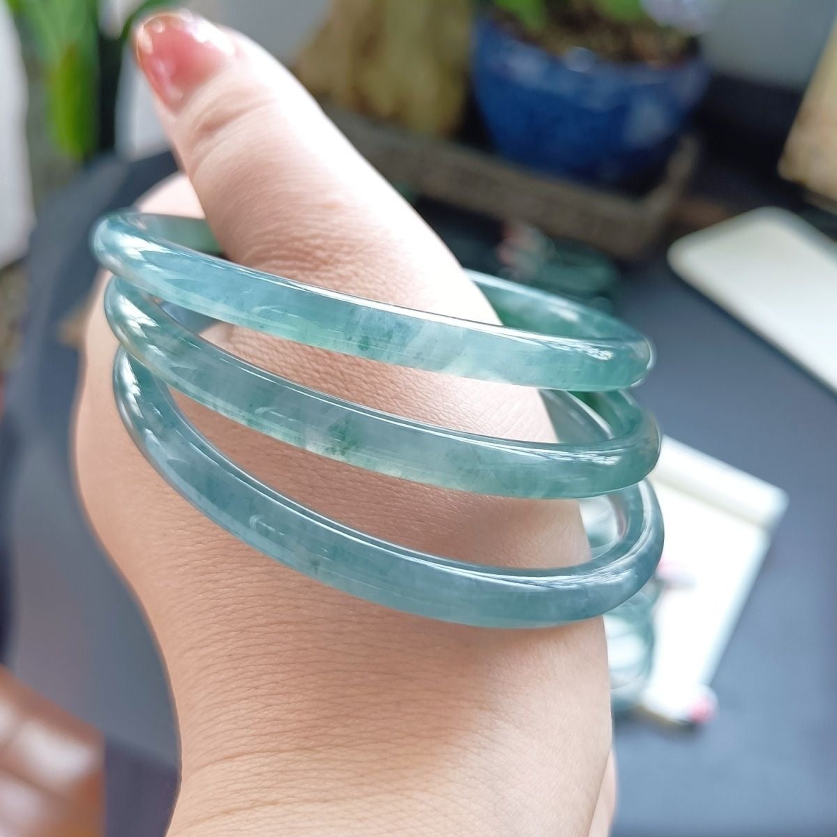 Natural Type-A Ice Blue Jadeite Bangle – Fine Glutinous Texture, High Transparency, Round Shape