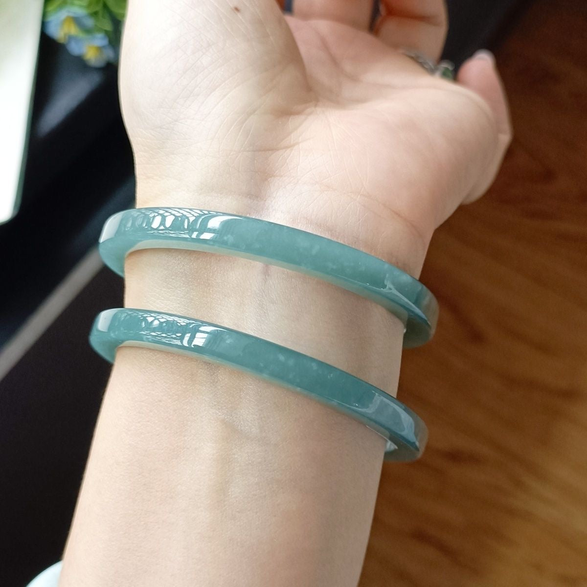 Natural Type-A Ice Blue Jadeite Bangle – Fine Glutinous Texture, High Transparency, Square Dangle Style