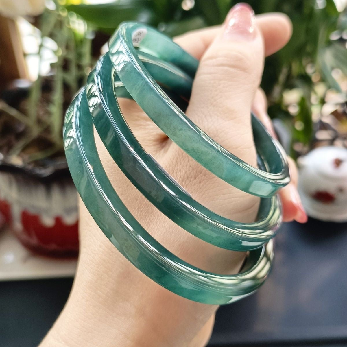 Natural Type-A Ice Blue Jadeite Bangle – Fine Glutinous Texture, High Transparency, Square Dangle Style
