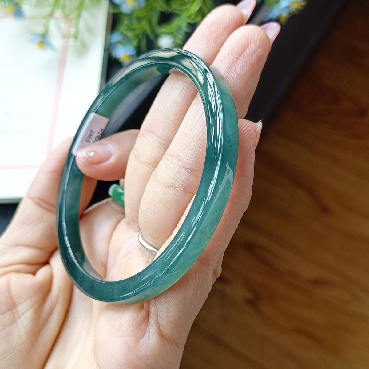 Natural Type-A Ice Blue Jadeite Bangle – Fine Glutinous Texture, High Transparency, Square Dangle Style