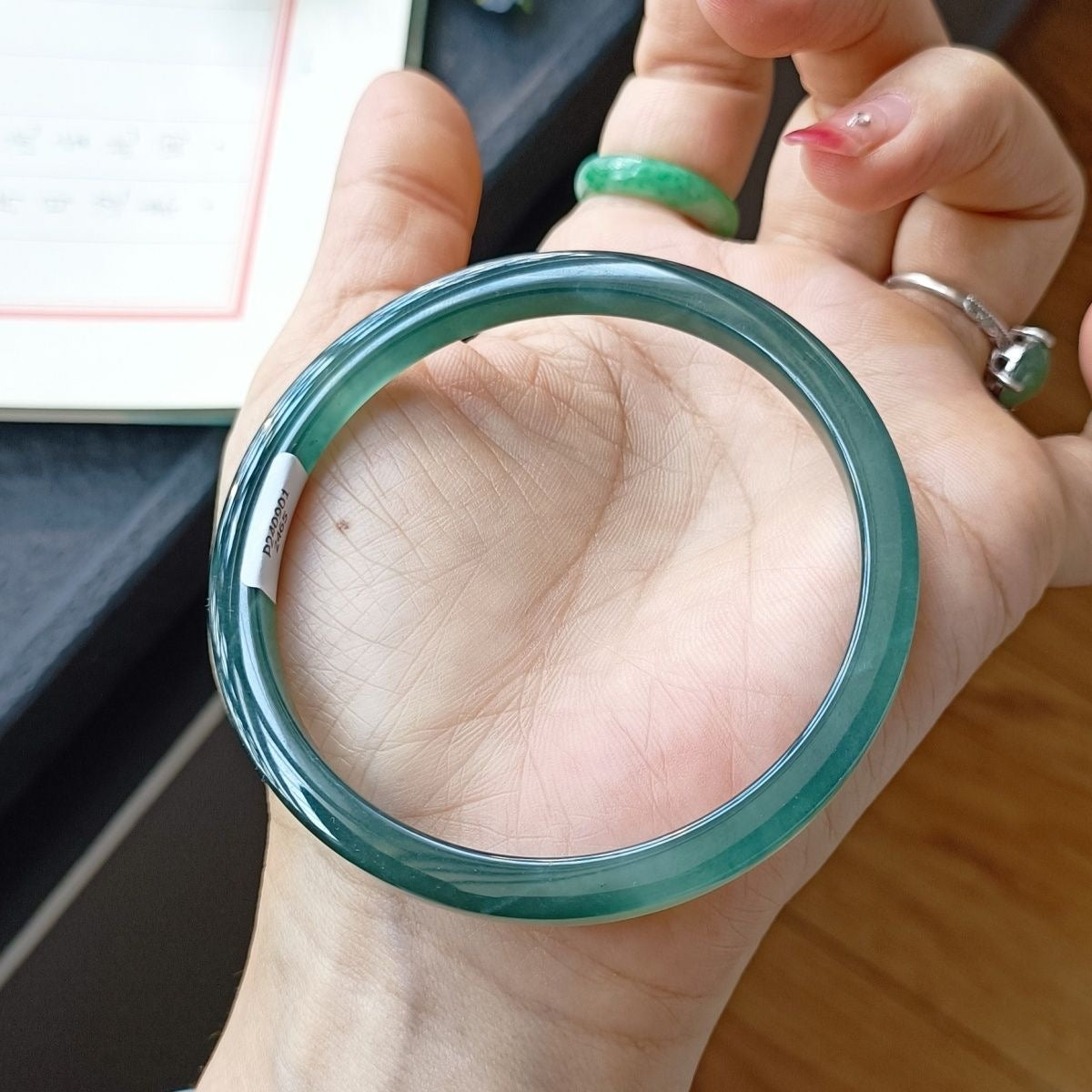 Natural Type-A Ice Blue Jadeite Bangle – Fine Glutinous Texture, High Transparency, Square Dangle Style