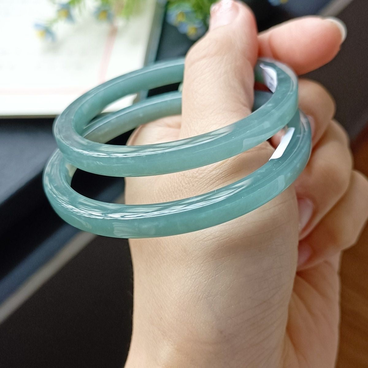 Natural Type-A Ice Blue Jadeite Bangle – Fine Glutinous Texture, High Transparency, Square Dangle Style