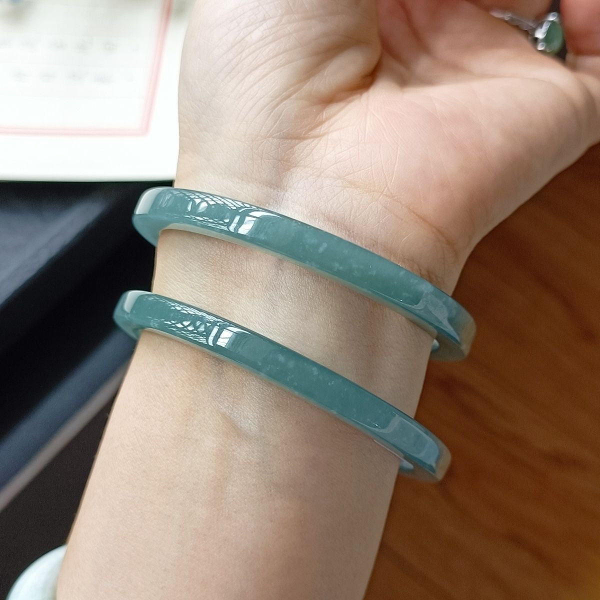 Natural Type-A Ice Blue Jadeite Bangle – Fine Glutinous Texture, High Transparency, Square Dangle Style