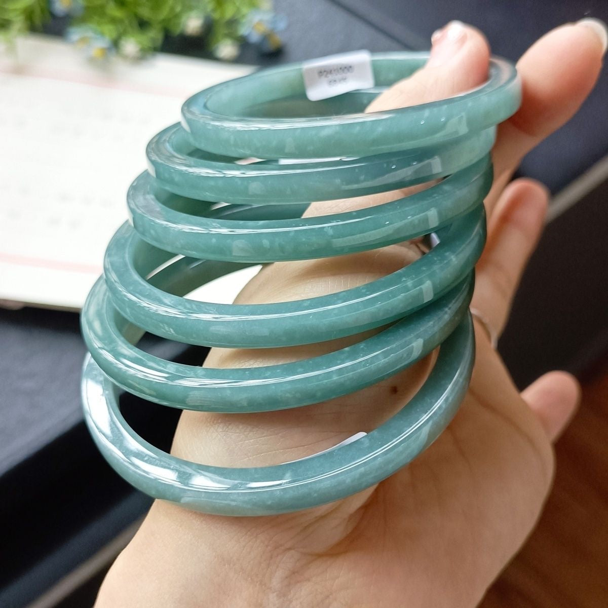 Natural Type-A Ice Blue Jadeite Bangle – Fine Glutinous Texture, High Transparency, Square Dangle Style