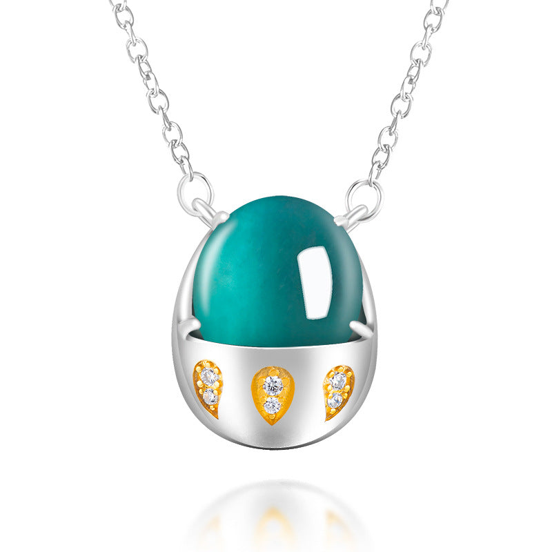 S925 Silver Inlaid Jadeite Blue Water Cute Dinosaur Egg Pendant Necklace
