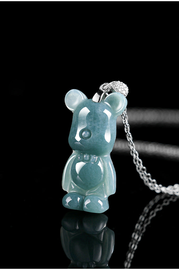 S925 Silver Necklace with Jadeite Blue Water Cartoon Bear Pendant