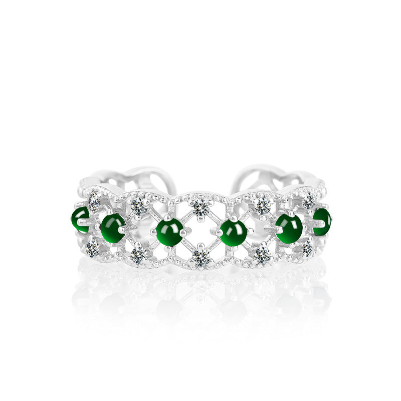 S925 Silver Inlaid Fashion Women's Jadeite Black Jade Lace Hollow Ring