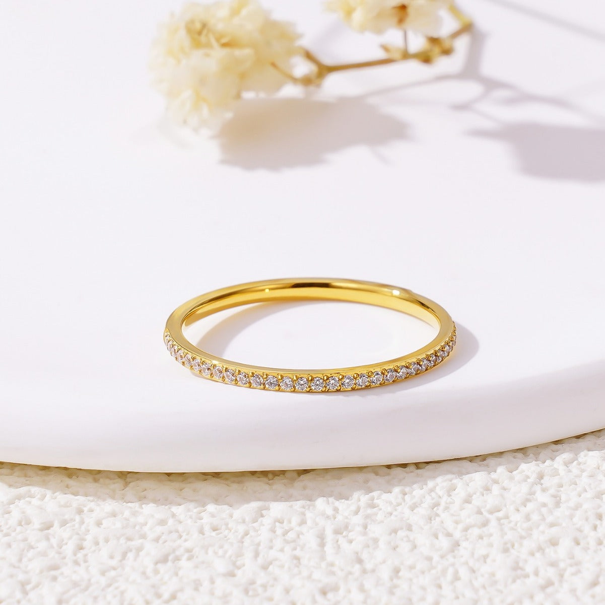 Copper Plated 18K Gold Thin Zircon Eternity Band Ring