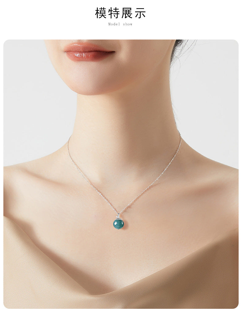 Fashionable S925 Silver Inlaid Jadeite Blue Water Round Bead Pendant