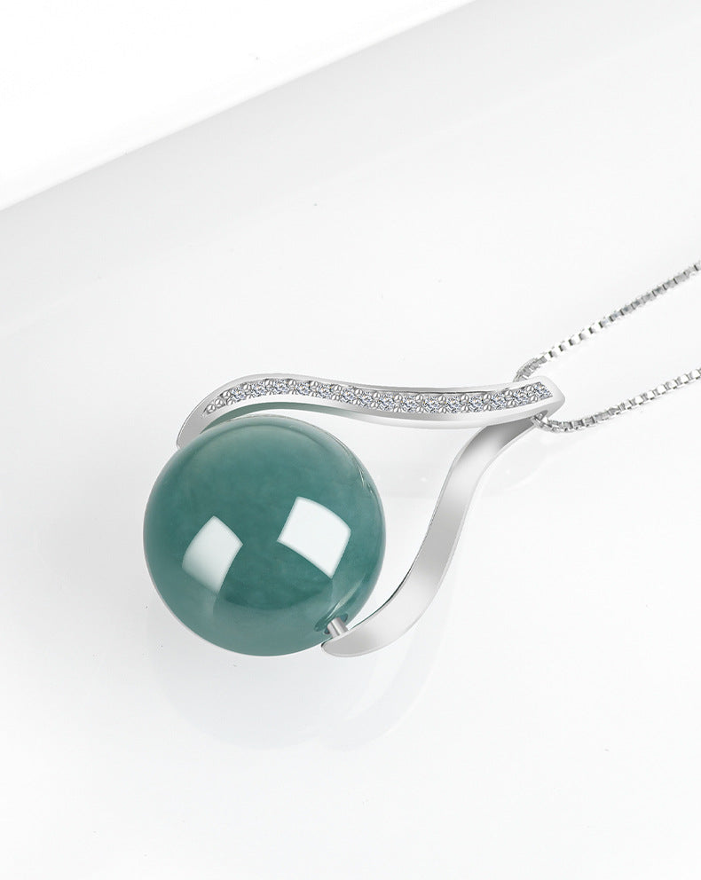 S925 Silver Inlaid Stylish Jadeite Blue Water Round Bead Pendant