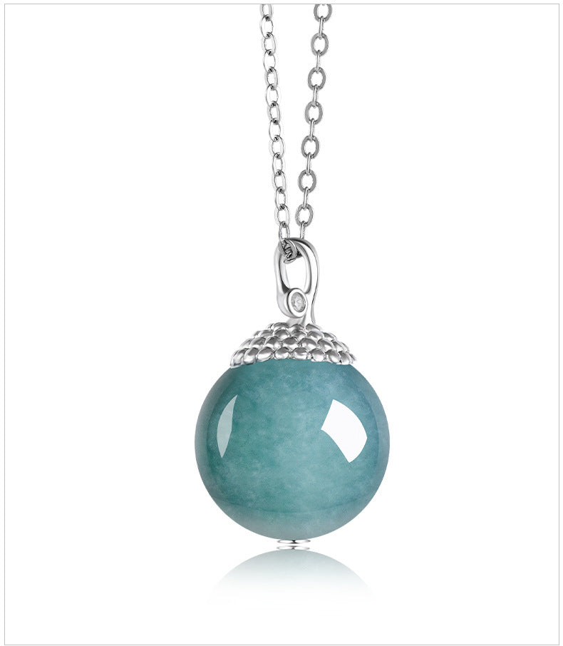Fashionable S925 Silver Inlaid Jadeite Blue Water Round Bead Pendant