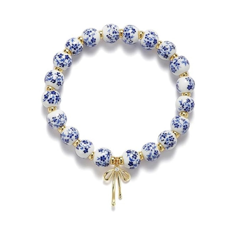 Vintage Blue - and - White Porcelain Bead & Gold Bead Bracelet