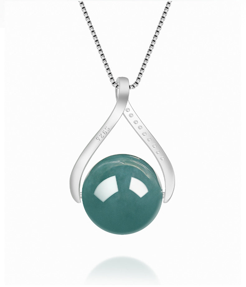 S925 Silver Inlaid Stylish Jadeite Blue Water Round Bead Pendant