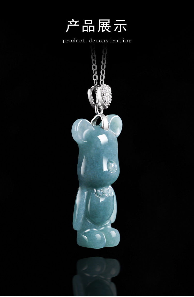 S925 Silver Necklace with Jadeite Blue Water Cartoon Bear Pendant