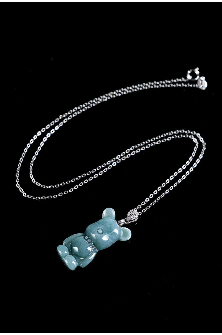 S925 Silver Necklace with Jadeite Blue Water Cartoon Bear Pendant