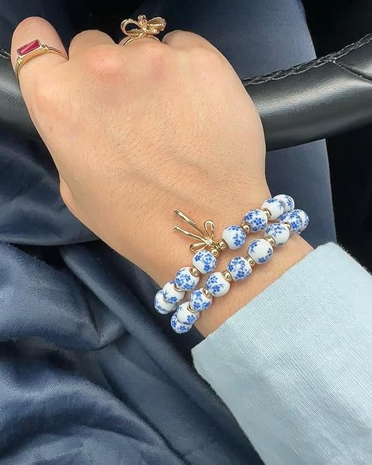 Vintage Blue - and - White Porcelain Bead & Gold Bead Bracelet