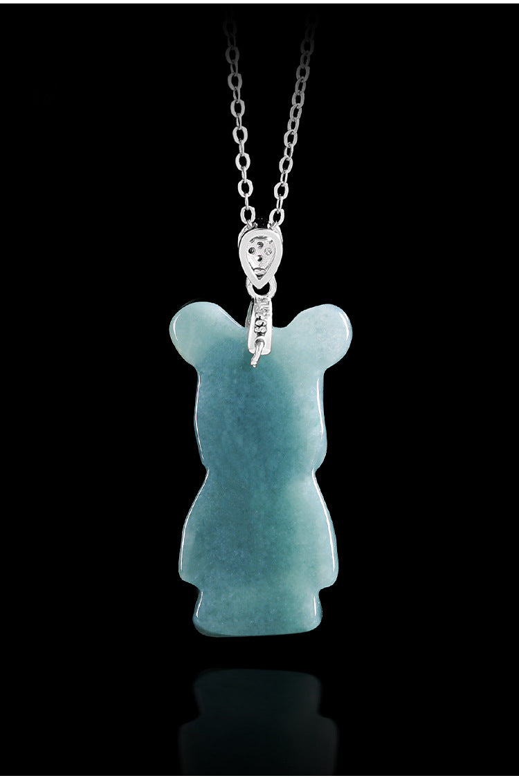 S925 Silver Necklace with Jadeite Blue Water Cartoon Bear Pendant