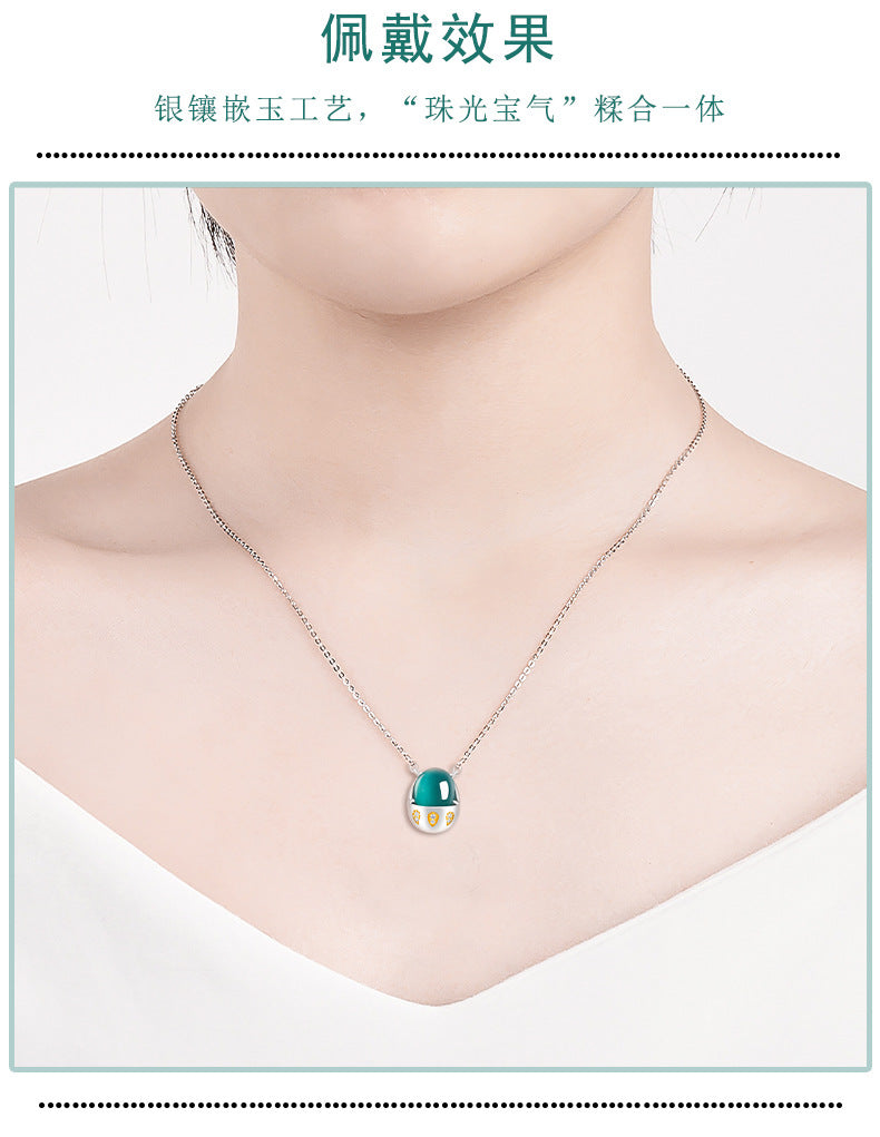 S925 Silver Inlaid Jadeite Blue Water Cute Dinosaur Egg Pendant Necklace
