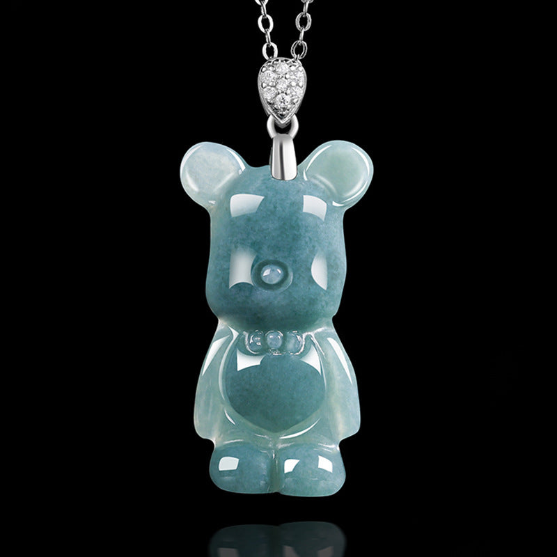 S925 Silver Necklace with Jadeite Blue Water Cartoon Bear Pendant