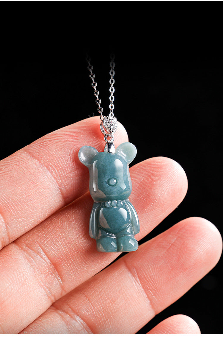S925 Silver Necklace with Jadeite Blue Water Cartoon Bear Pendant