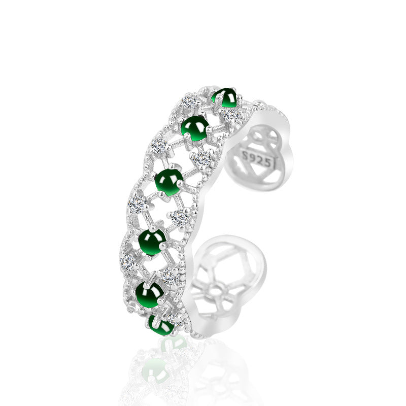 S925 Silver Inlaid Fashion Women's Jadeite Black Jade Lace Hollow Ring